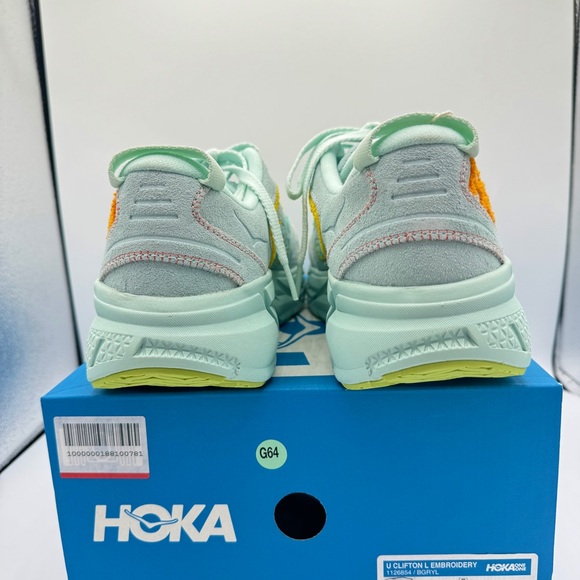 NWT Hoka Clifton Leather Embroidery UNISEX Shoes blue glass radiant yellow NEW - Picture 10 of 16